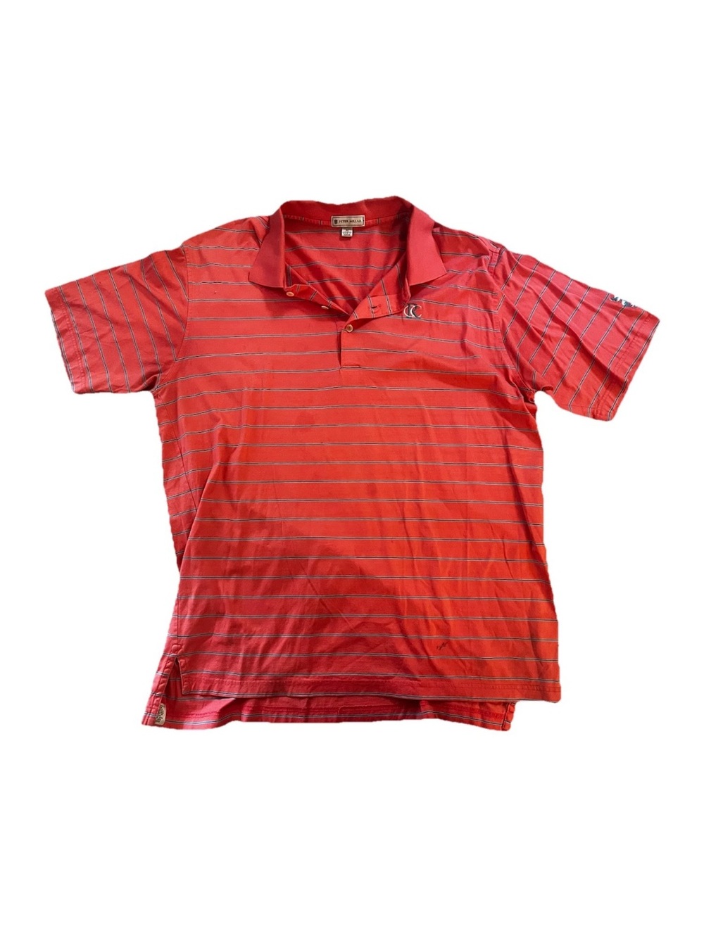Peter Millar Men Striped Polo Shirt coral Blue Short Sleeve Collared XL RCC Logo